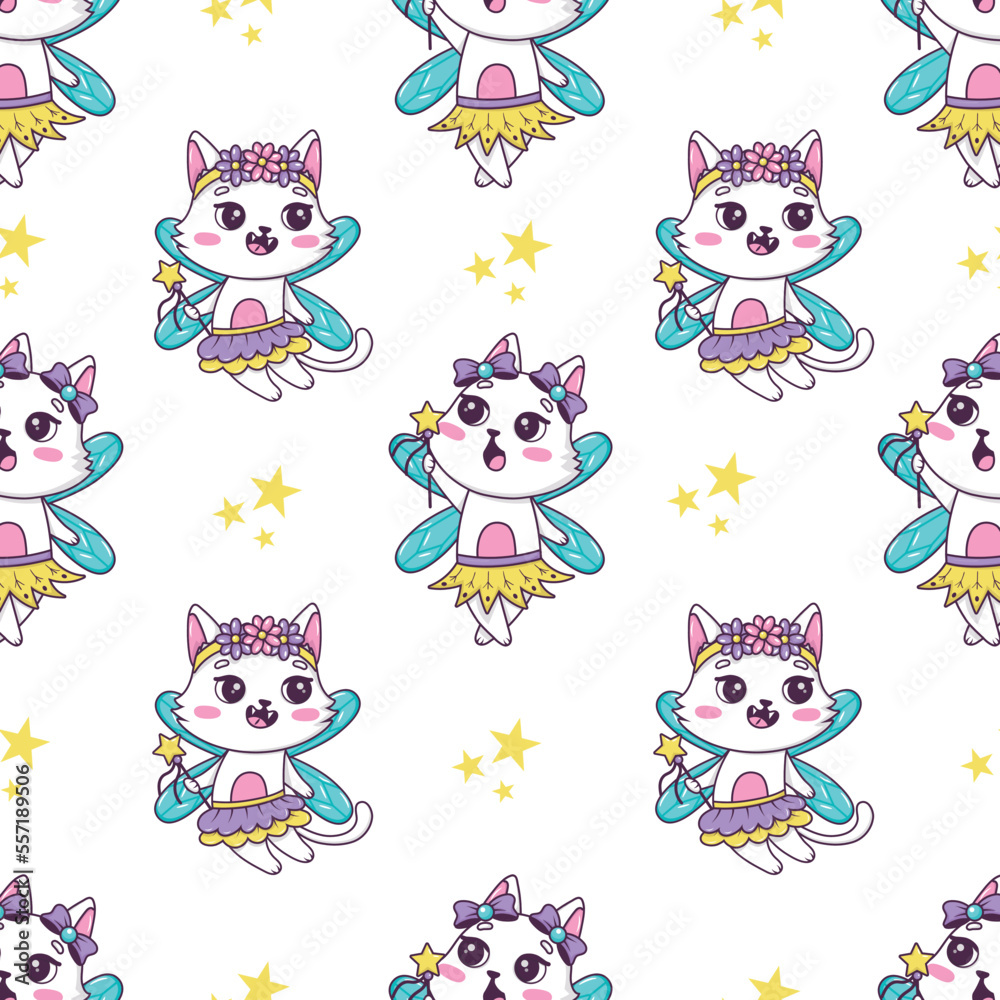 Seamless pattern with cute fairy cats with a magic wand decoration for children's products.