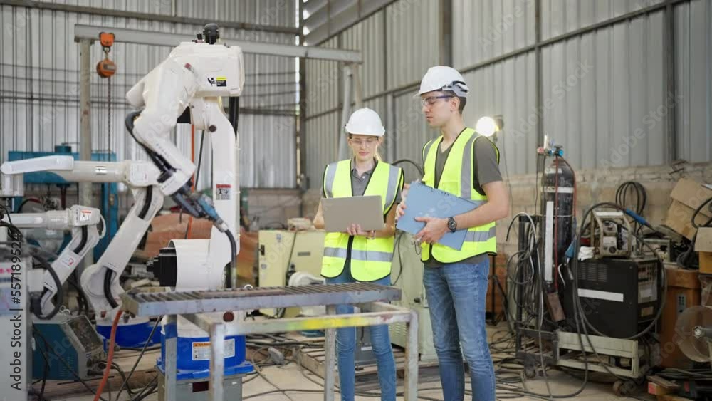 In robotic training instructor teach girl engineer to program robot arm look manual from laptop
