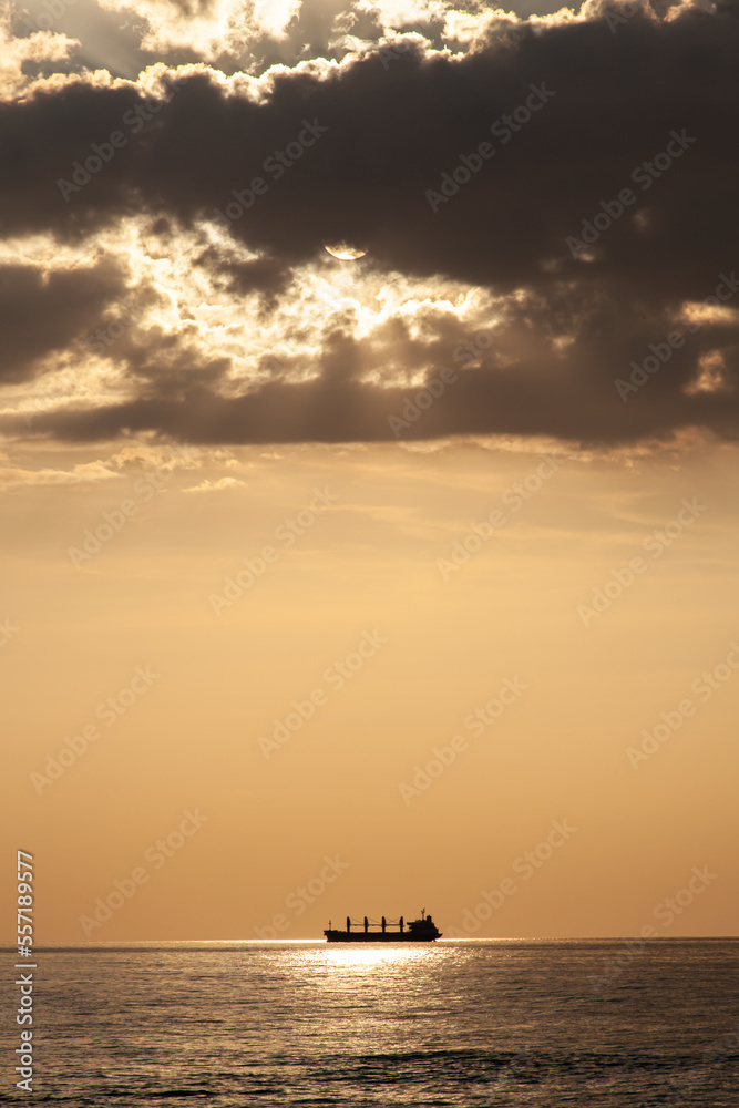 a giant cargo ship passing the sun during the sunset at the baltic sea in Germany 