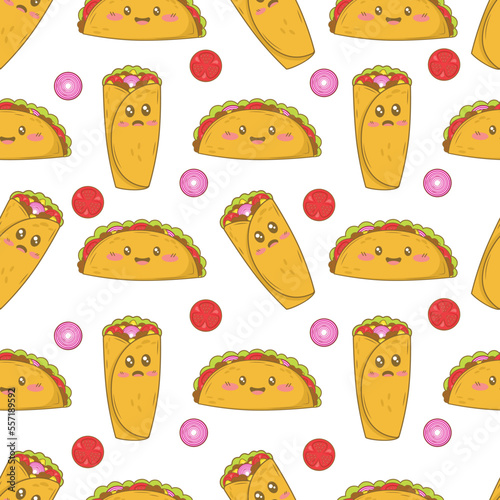 Seamless pattern with mexican burritos and tacos with funny faces in doodle cartoon style isolated on white background