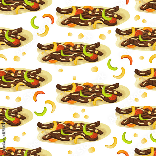 Seamless pattern with mexican food fajita and bell pepper slices. Fast food restaurant and street food snacks, meat tortillas, takeaway food delivery