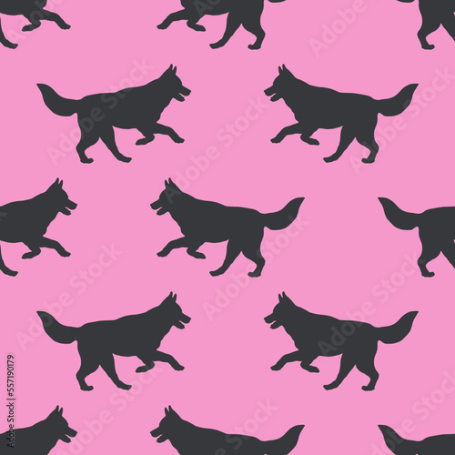 Running and jumping siberian husky puppy. Seamless pattern. Dog silhouette. Endless texture. Design for wallpaper, fabric, template, surface design. Vector illustration.