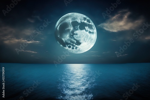 Luminous full moon rising over a star-lit sea. Generative AI photo