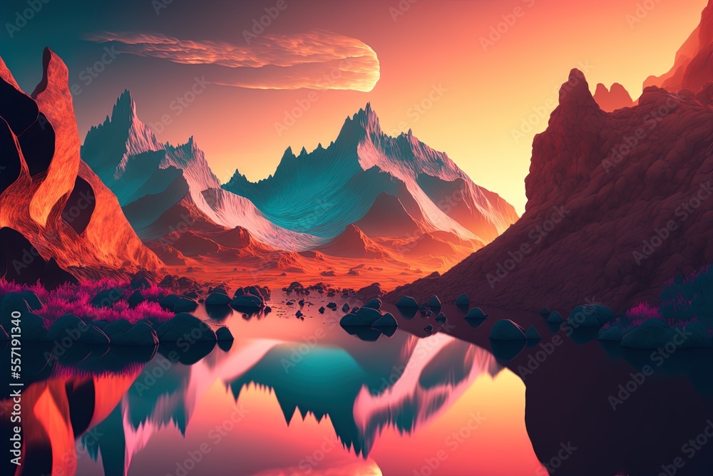 Image of a sunset over a fictitious mountain range. Dusk in the mountains, a raging river, and a deep chasm in the rock. A fantastical abstract vision of the distant future. Generative AI