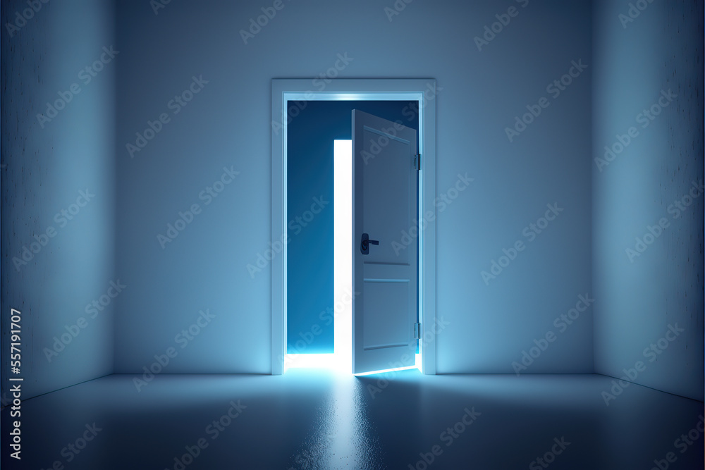 blue room, bright white light shining behind the opening door, flight forward, entering inside the doorway. Modern minimal concept. Opportunity metaphor. Generative AI