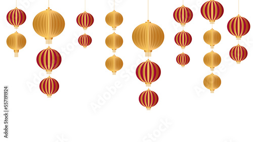 Red and gold chinese lanterns on White transparent background. Chinese lantern happiness festival 