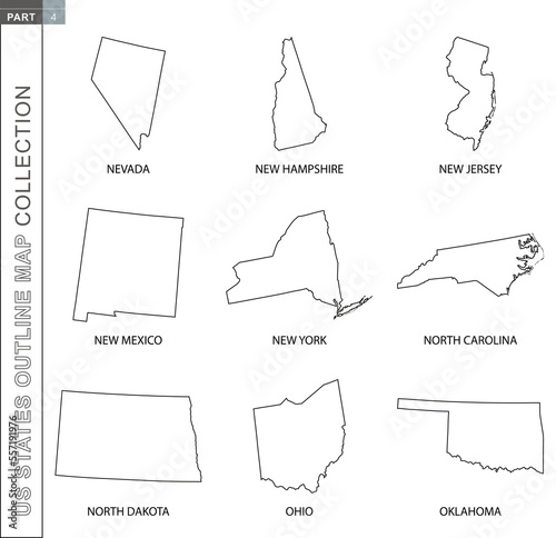 Outline maps of US states collection, nine black lined vector map