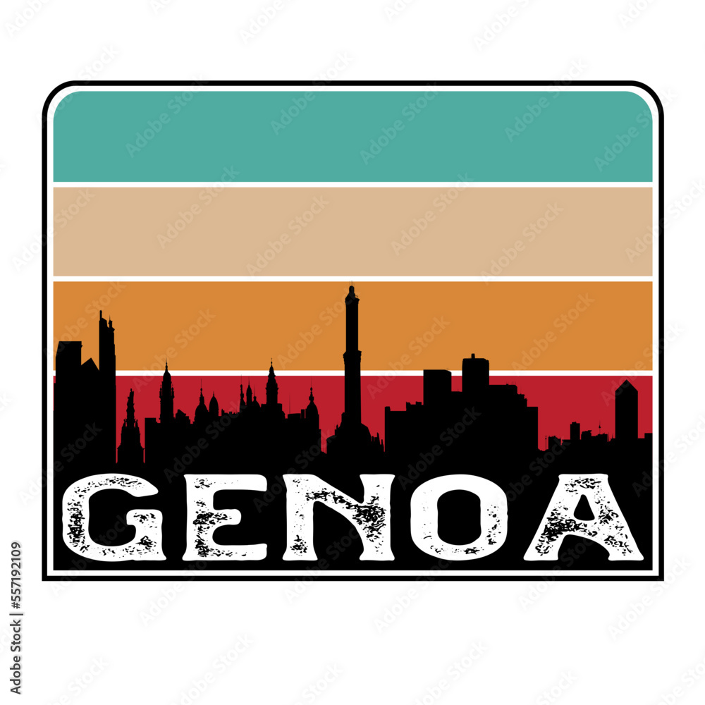 Genoa Italy Skyline Silhouette Retro Vintage Sunset Genoa Lover Travel Souvenir Sticker Vector Illustration SVG EPS