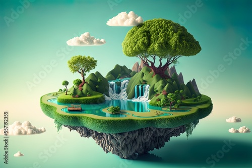 Tela Surreal float landscape with waterfall paradise idea on blue sky cloud floating island in a dream river flowing over lush green grass and past towering trees