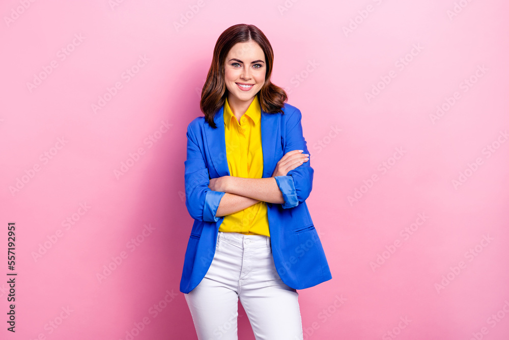 Photo of young adorable gorgeous woman wear stylish blue blazer formal outfit folded arms successful freelancer isolated on pink color background