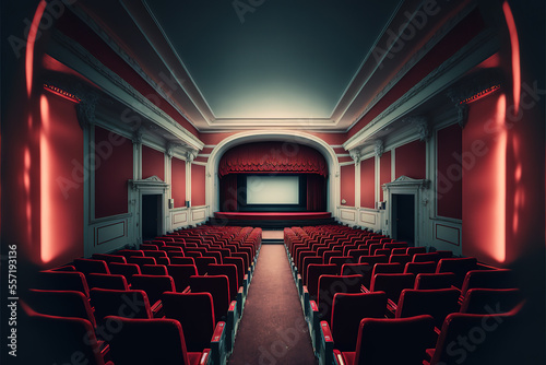 Empty movie theater with red seats. Generative AI