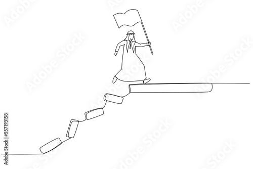 Cartoon of arab man jumping on collapse bridge to reach target concept of survival. One continuous line art style
