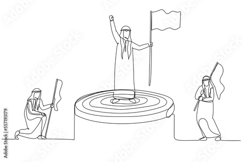 Illustration of arab man holding flag on top of target concept of business competition. Single line art style