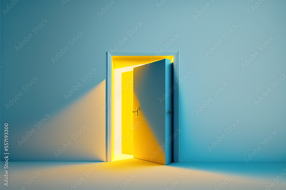 3d render, yellow light going through the open door isolated on blue background. Architectural design element. Modern minimal concept. Opportunity metaphor. Generative AI