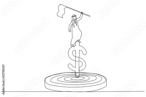 Drawing of arab man holding winner flag on top of dollar money target concept of financial goal. Single line art style