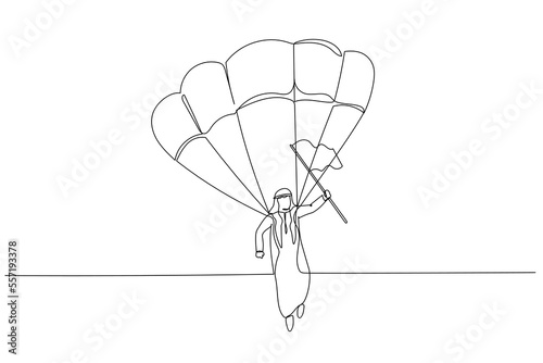 Cartoon of arab man on a parachute with a flag lands on target concept of solution. One line style art