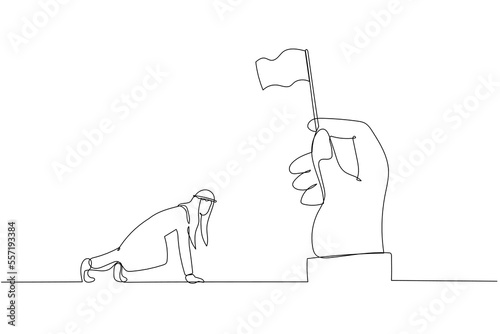 Illustration of arab man ready to race on position waiting for flag. Single continuous line art