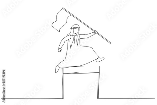 Drawing of arab man competing in race holding a leader flag jumping over obstacle concept of determination. Continuous line art style