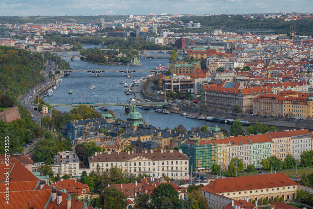 Aerial view of Vltava River and Prague Bridges - Prague, Czech Republic
