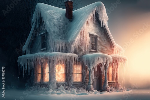 illustration of house cover with ice and snow, window with icicle, extreme weather, dangerous freezing blizzard in winter time photo