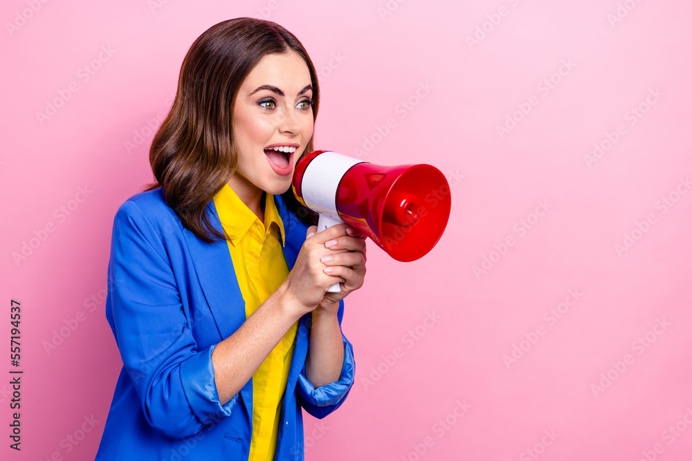 Photo of young activist talk empty space hold loudspeaker information about next wave mobilization ukraine isolated on pink color background Photo of young activist talk empty space hold loudspeaker information about next wave mobilization ukraine isolated on pink color background