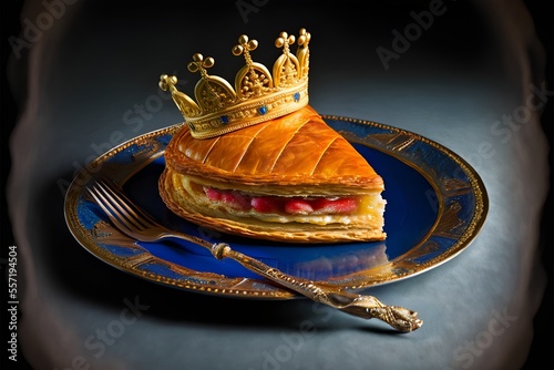 Photorealistic digital artwork representing a beautiful delicious epiphany king cake or French galette des rois with frangipane and crown for traditional celebration, January holiday traditional cake photo