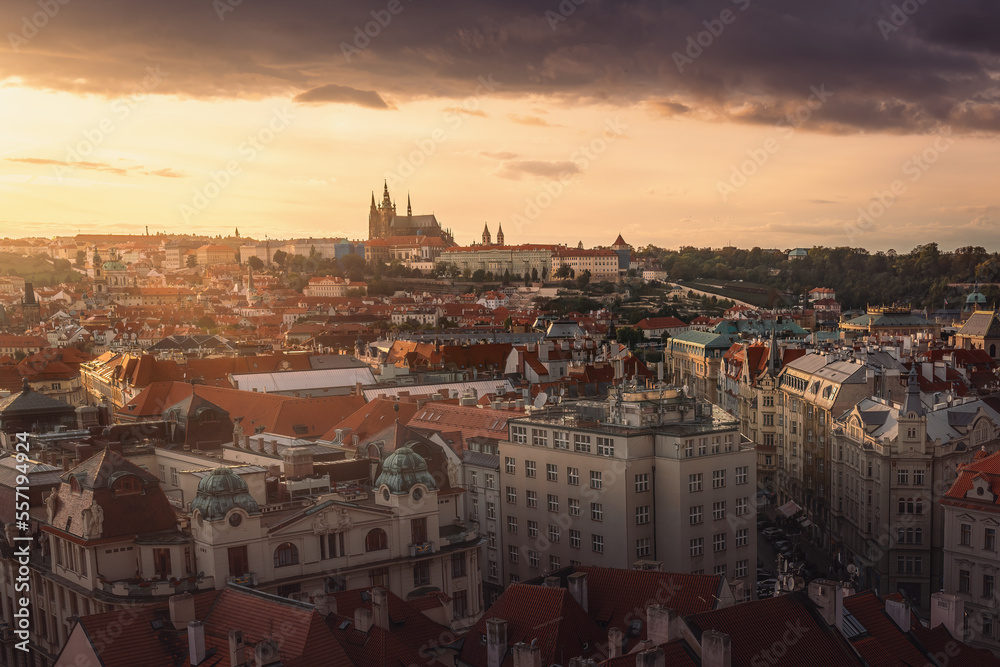 Aerial view of Prague at sunset with Prague Castle - Prague, Czech Republic