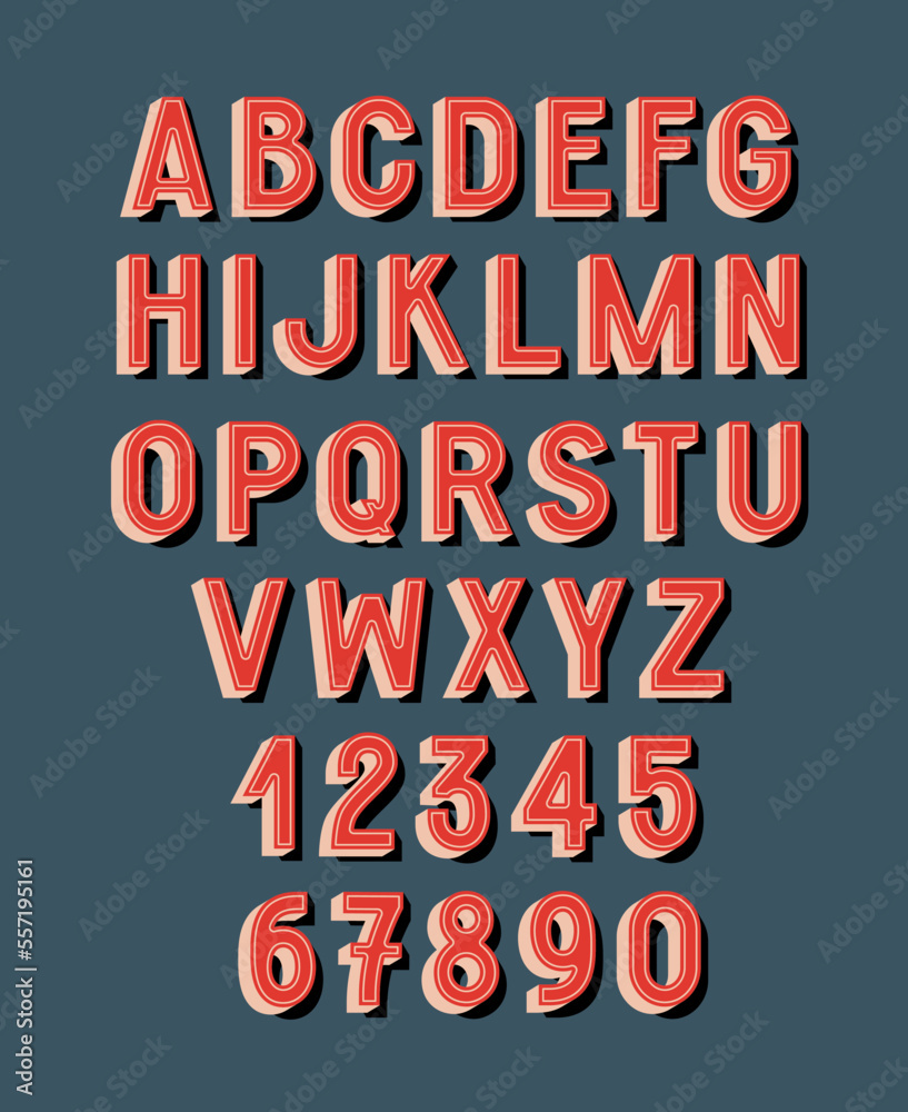 Retro Font. English alphabet and numbers from a to 9 with 3d effect and shadows.