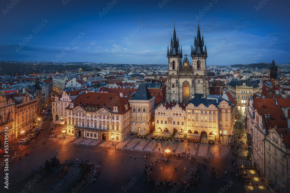 Aerial view of Old Town Square with Tyn Church at night - Prague, Czech Republic