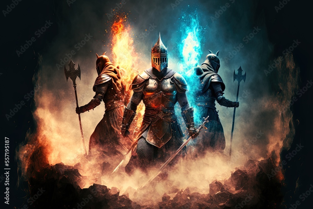 Fantasy medieval fight between good and evil soldiers. Fighting is