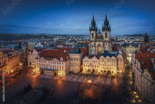 Aerial view of Old Town Square with Tyn Church at night - Prague, Czech Republic