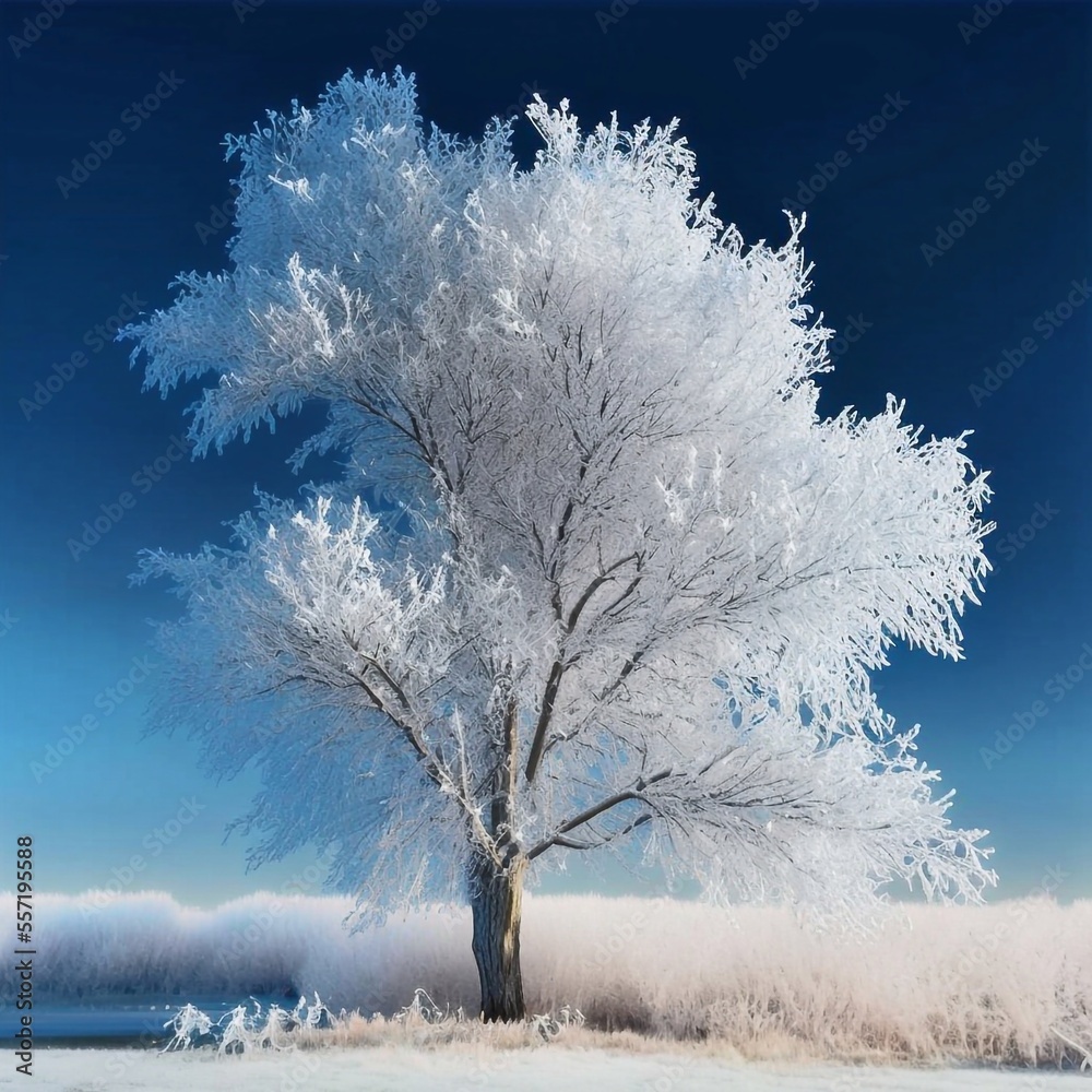 Frostiger Baum im Winter, made by AI, künstliche Intelligenz, AI-Art