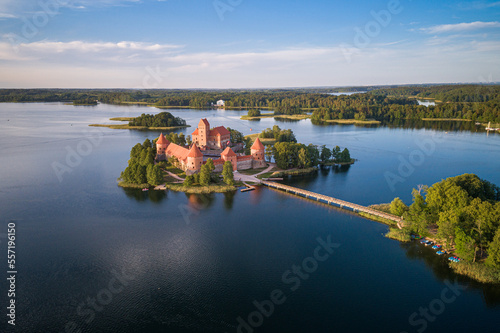 Trakai Castle with lake and forest in background. Lithuania.