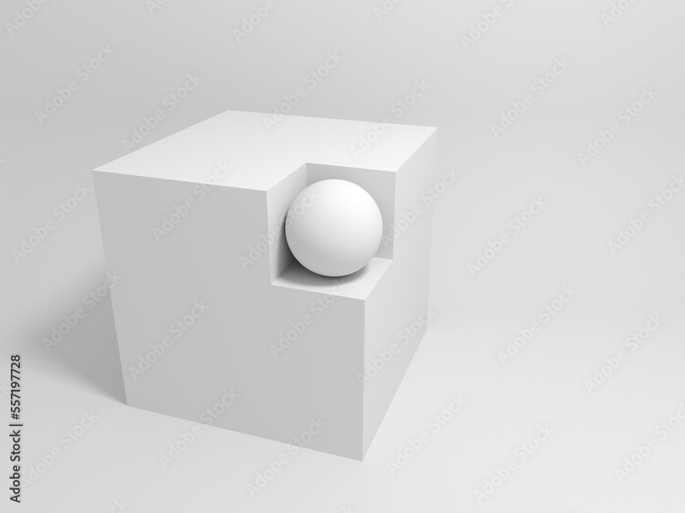 Abstract white geometric installation with a sphere in a cube, 3d Abstract white geometric installation with a sphere in a cube, 3d
