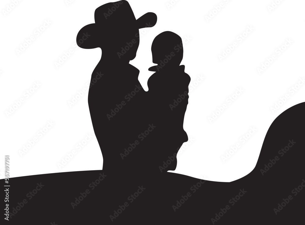 silhouette of cowboy dad holding boy