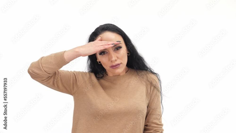 Caucasian Woman Looking Far Away With Hand to Look Something Caucasian Woman Looking Far Away With Hand to Look Something