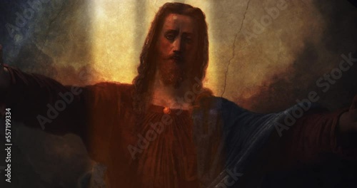 Mural Portrait of Lord Jesus Christ with Open Arms. A Painting on a Church Ceiling Depicting the Savior's Kindness and Acceptance of Devoted Believers. The Devine Light Shining Upon his Face