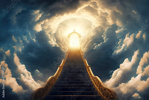 Fotografia Paradise stairway to heaven with light in gates under clouds
