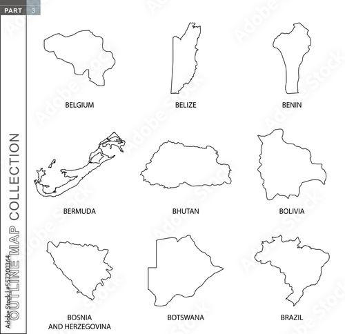Outline maps collection, nine black lined vector map