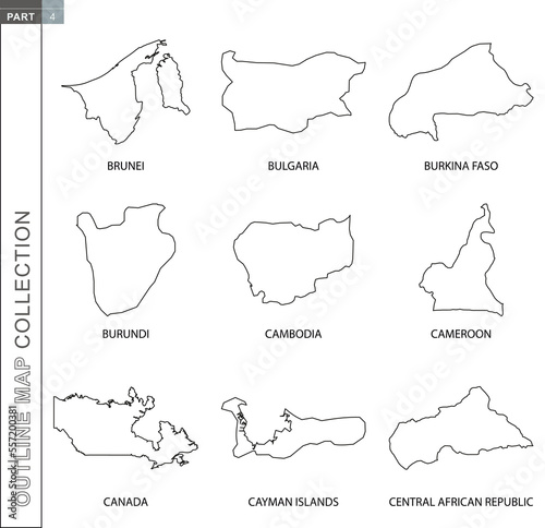 Outline maps collection, nine black lined vector map