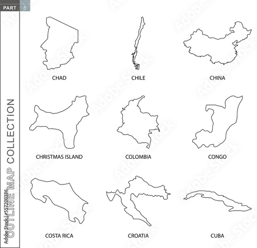 Outline maps collection, nine black lined vector map