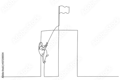 Illustration of muslim business woman climbing a cliff on a rope concept of career growth. Continuous line art style