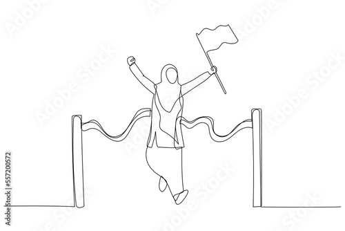 Cartoon of muslim business woman holding number flag first place in finish line. Single line art style