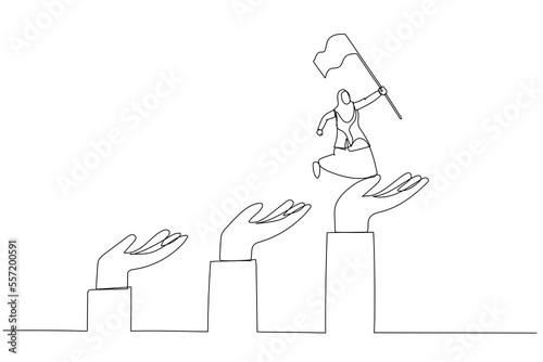 Drawing of muslim business woman jumping up giant hand growth ladder concept of progress. One line art style