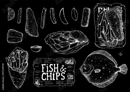 Fish and chips sketch vector illustration. British pub food. Hand drawn sketch collection. Cooking fish and chips. Engraved hand drawn vintage image. Menu design template.