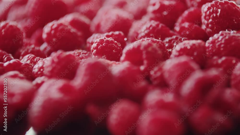 Close up rotation raspberry Macro red fresh raspberries fruit Rotation. Ripe Raspberries, Summer Red Berries Close-up Rotation Top View. Background from Healthy Raspberry. Vegan Healthy Food and
