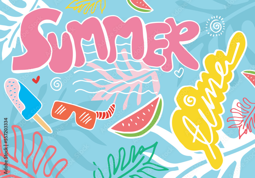 Summer time Doodles. Summer Icon on white background.