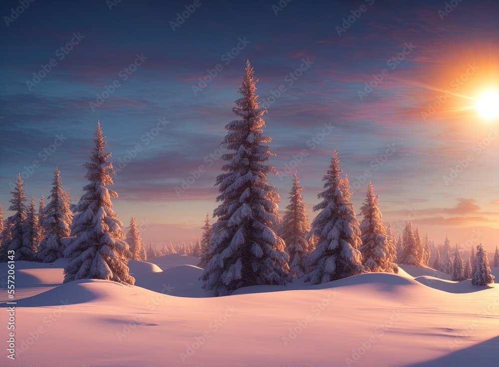 sunset in the snowy trees and mountains