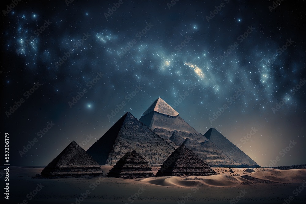 View of the ancient pyramids at night, under a starry sky. Generative AI - obrazy, fototapety, plakaty 