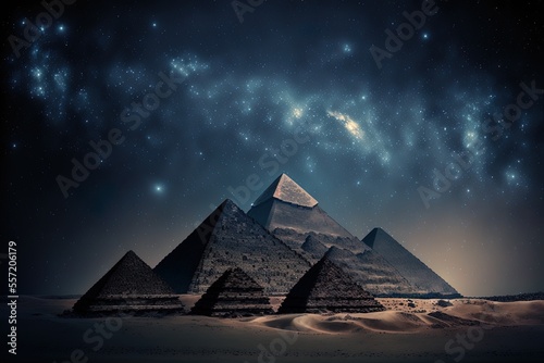 Fototapeta View of the ancient pyramids at night, under a starry sky
